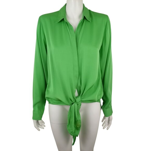 Nouvelle Silk95Five Green Silk Long Sleeve Button Up Tie Front Blouse - Picture 1 of 8
